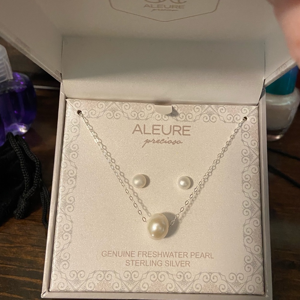 Pearl earring necklace set sterling silver